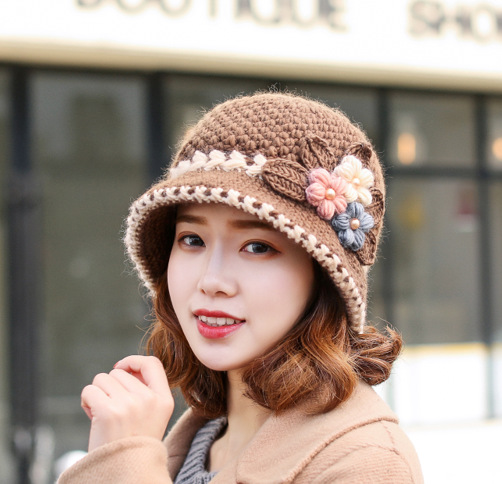 Zimní nová módní vlna pletená vlna květiny klobouk pro ženy
