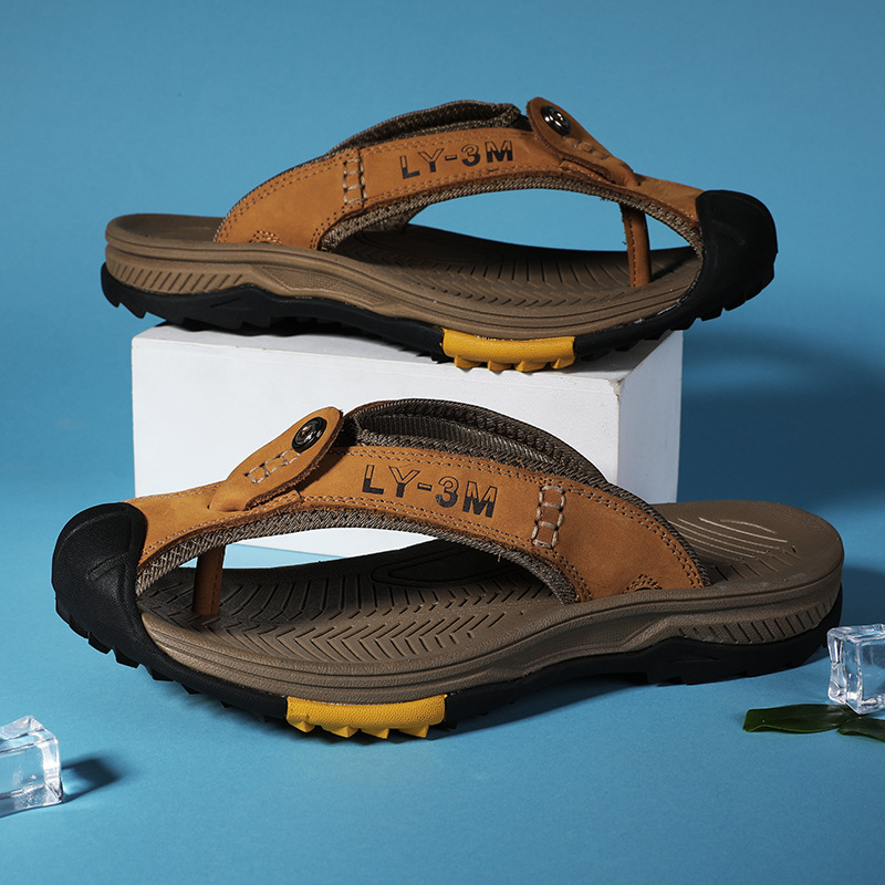 Bărbați primul strat de piele de vacă Flip Flops non-alunecare rezistent la uzură Trendy Beach Shoes Outdoor Casual Sandale