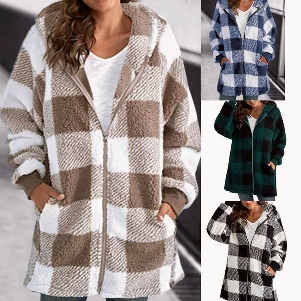 [S-5XL] Femeile supradimensionate Hoodie Plaid Loose Coat haină largă