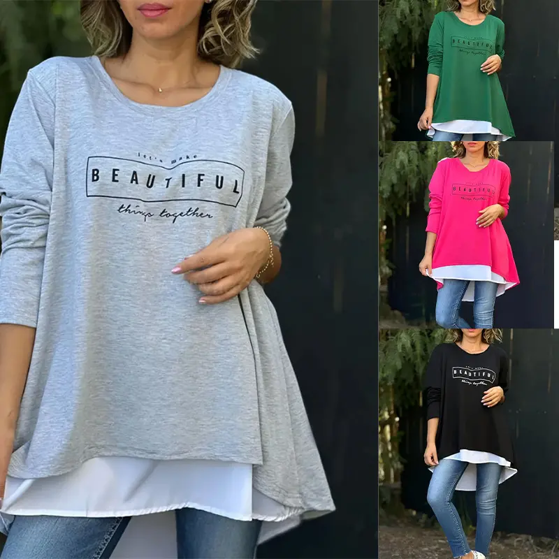 💥Ofertă Specială💥💐【S-4XL】Tricou cu mânecă lungă, cu imprimeu și efect de două piese