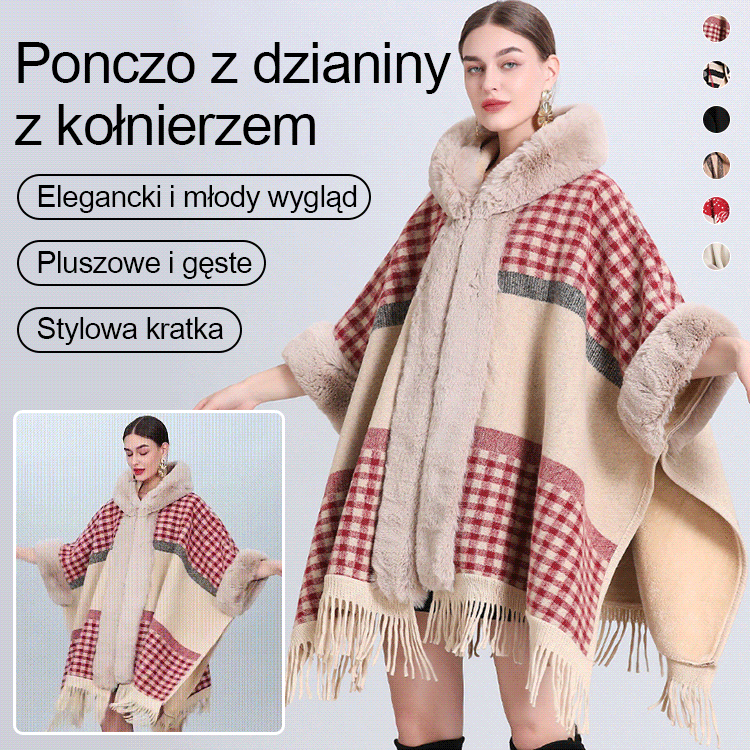 Gruby sweter z kapturem i futrem na ramionach z podszewką